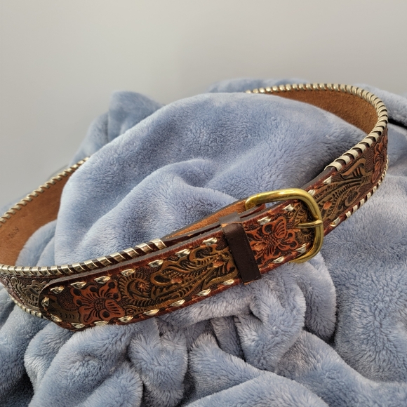 Big John mens western hand tooled saddle leather belt Sz - Picture 3 of 12